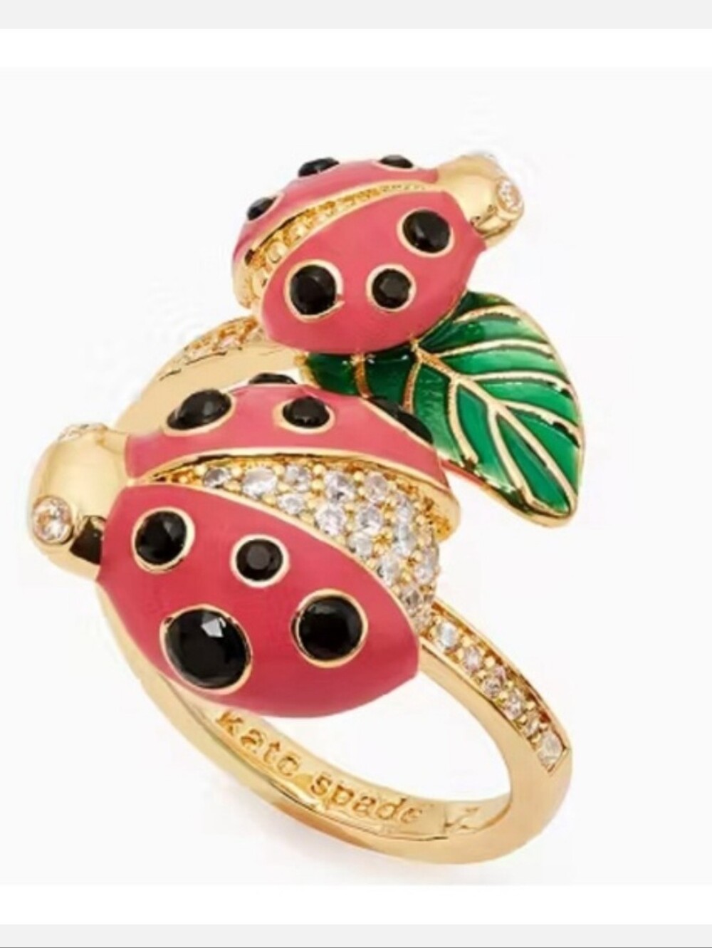 Kate Spade Ladybug Wrap Ring Pink Ladybug Duo Ring with Green Enamel Leaf Size 7